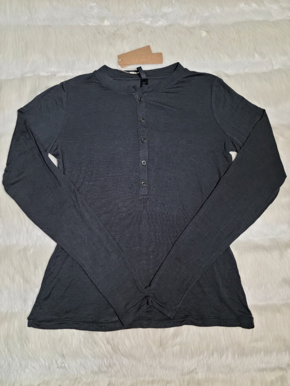 SKIMS Sheer Modal Henley Long Sleeve T Shirt Black Onyx Small NEW
